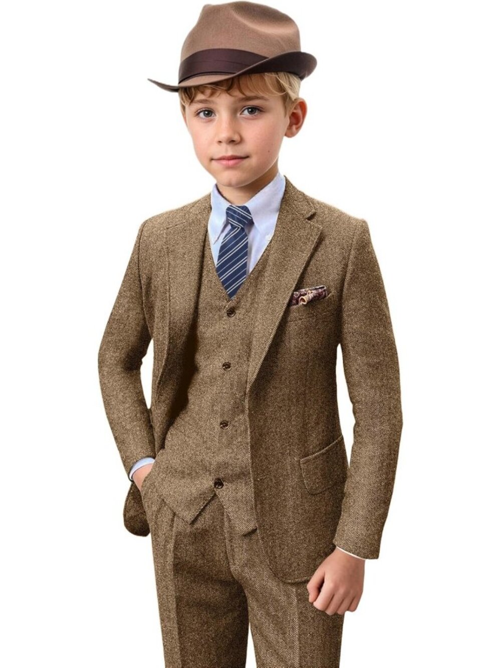 Retro Boys Tweed Herringbone Suit Set - 5 Pieces for Weddings & Special Events